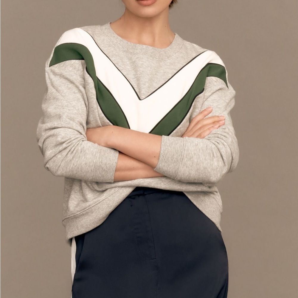 Maeve V-Striped Gray and Green Crew Neck Sweatshirts